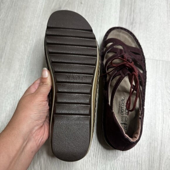NAOT Yarrow Leather Ghillie Lace-Up Wedge Sandals Burgundy Women EU 37 US 6 - Picture 8 of 8